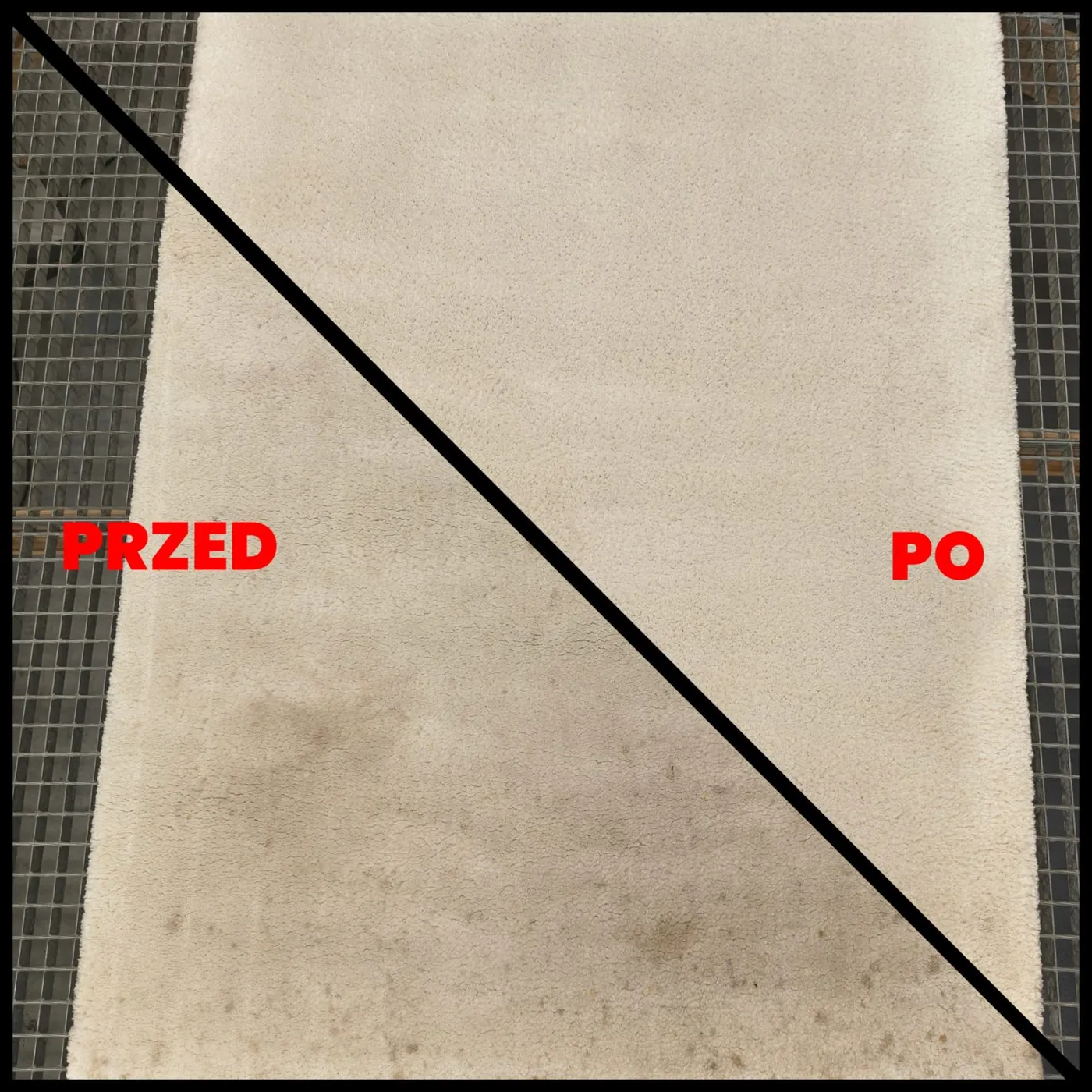 Jasny dywan z brązową plamą przed praniem i czysty po praniu